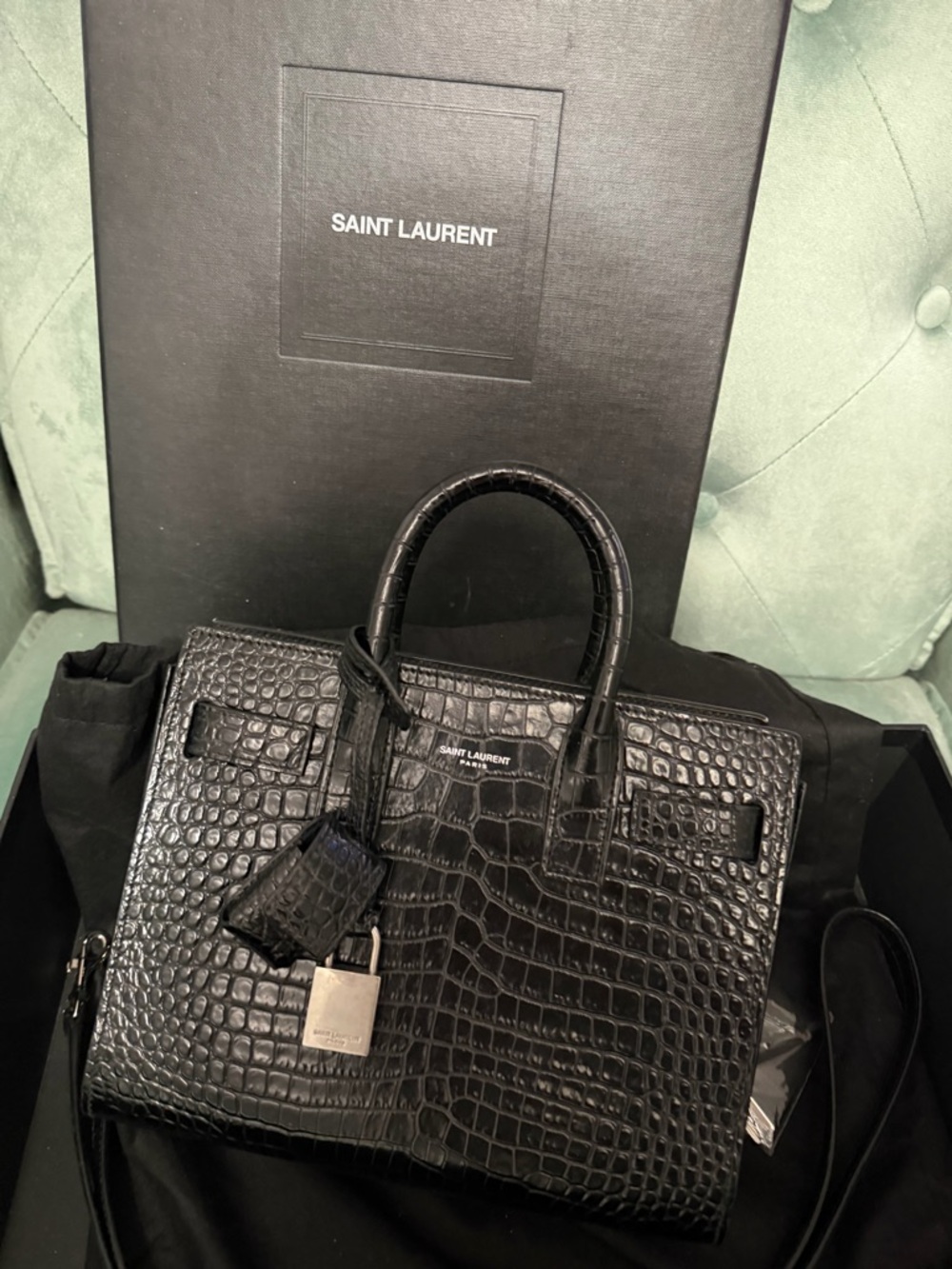 Authentic Saint Laurent Black Croc-Embossed Leather Top Handle Satchel - Picture 12 of 14